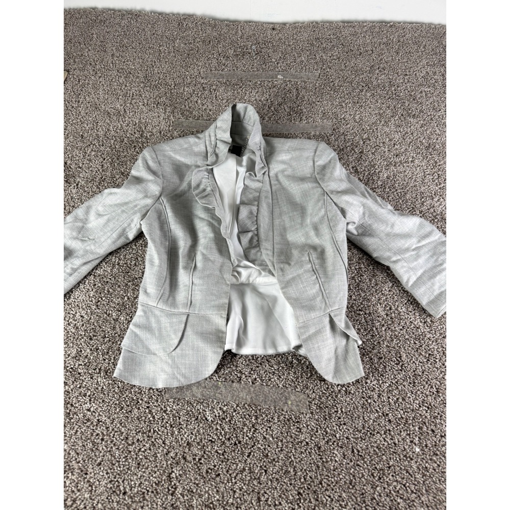 White House Black Market Gray Ruffle Front Peplum Blazer Jacket Size 2 RN 111459